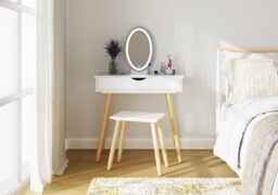 GFW Signy Dressing Table Set White. Make Up & Hair Vanity Table With Drawer, Large Round Mirror with LED Lighting. Stool included Modern Makeup Desk For Bedroom, H124 x W80 x D40cm. White/Oak