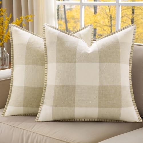 decorUhome Buffalo Check Plaid Cushion Covers Linen Farmhouse Trimmed Edge Decorative Cushion Covers for Sofa 60x60cm, Cream White and Beige, Set of 2