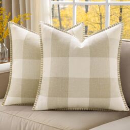 decorUhome Buffalo Check Plaid Cushion Covers Linen Farmhouse Trimmed Edge Decorative Cushion Covers for Sofa 60x60cm, Cream White and Beige, Set of 2