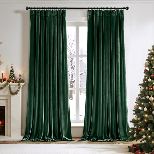 ANRODUO Emerald Green Velvet Curtains 96 Inches Long Blackout Thermal Insulated Soundproof Curtain Privacy Room Darkening Curtains Pinch Pleat Window Drapes for Bedroom Living Room Set of 2