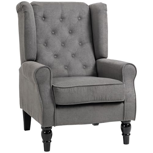 HOMCOM Wingback Accent Chair, Snow Flannel Armchair with Thick Spring Cushion, High Back, Solid Wood Legs, Retro Button Tufted Reading Chair for Living Room, Bedroom, Dark Grey