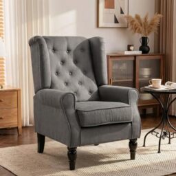 HOMCOM Wingback Accent Chair Snow Flannel Armchair High Back Dark Grey