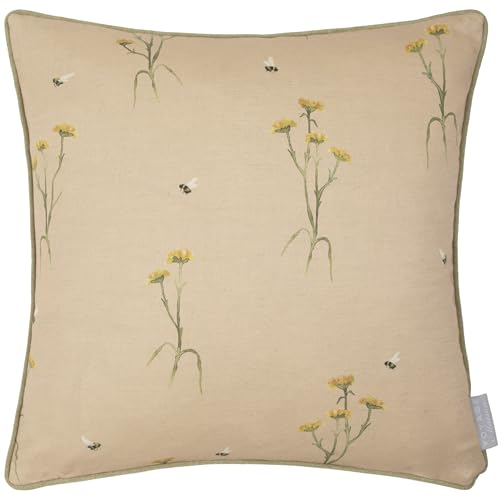 Voyage Maison Allimore Feather Filled Cushion – Wildflower Watercolour Bee Print Cotton Blend Piped Edge (Blossom - 50x50cm)