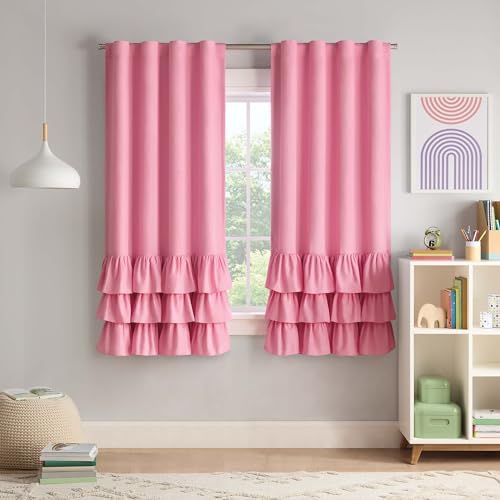 Eclipse Blackout Curtains, Tiered Ruffle Kids Curtains, 63 in x 40 in, Thermaback 100% Blackout Curtains with Rod Pocket Header, Curtains for Kids Room or Playroom, 1 Window Curtain, Pink