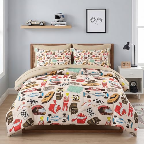Pamnest Comforter Set Twin Size, Racing Car Competition 5 Pcs Bedding for Kids and Adults, Race Game Cute Wheel Bed Sheet Sets with Fitted Sheet Pillowcase & Sham for Bedroom Bed Decor