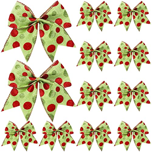 Jetec 12 Pcs Red Green Christmas Bows Decoration 6 Inch Large Christmas Wreaths Bows Xmas Elf Tree Dot Bows Ribbons Ornaments for Garland Wedding Party(Glitter Pattern)