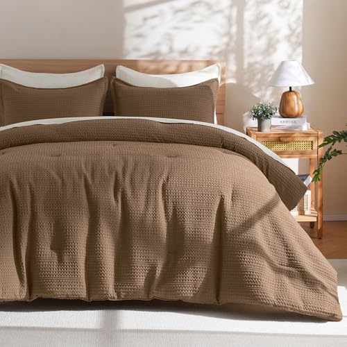 PHF Soft Waffle Comforter Set Twin Size- Comfy Breathable Waffle Weave Comforter with 1 Pillow Sham, 2 Pieces No Snagging Lightweight Bedding Set for All Season, Cocoa Brown