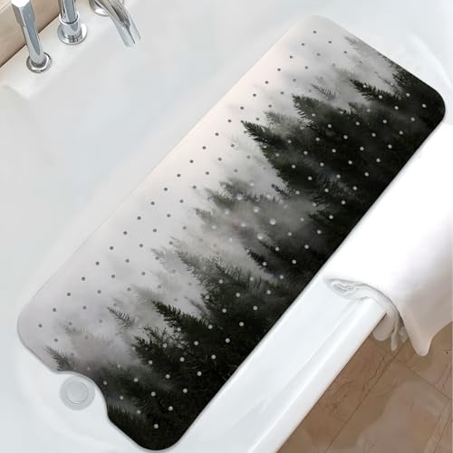 Misty Forest Bathtub Mat Non Slip, Baby Bath Mat for Tub Rubber Tub Mat, Kids Bath Mats for Bathroom Nature Trees Anti Slip Shower Mat with Suction and Drain Holes Machine Washable, 40???X16???