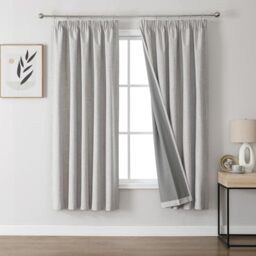 Joydeco 100% Blackout Curtains, Linen Curtains with Ruffle Tape, Set of 2, H 160 x W 132 cm, Grey White, Thermal Curtain, Cold Protection, Opaque, Sound Protection, Ideal for Living Room, Matches Rail