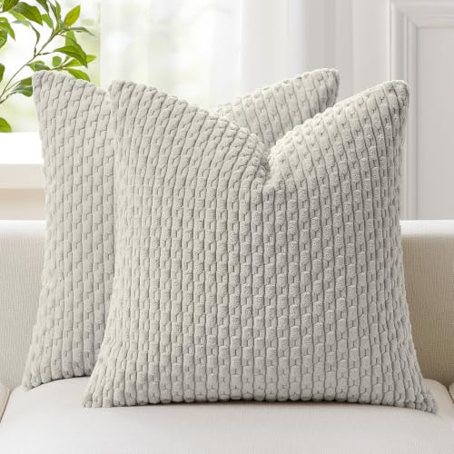 Kevin Textile Decorative Throw Pillow Covers Corduroy Square Boho Cushion Cover with Stripes Cases for Bedroom Sofa Living Room Couch Set of 2 18x18 Inch Light Grey