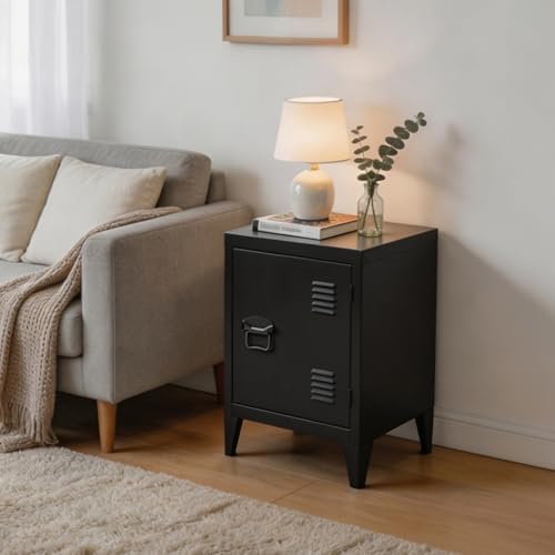 MEUBLE COSY End Table with Storage Space, Metal Side Table with Magnetic Door, Modern Minimalist Accent Table for Living Room, Black