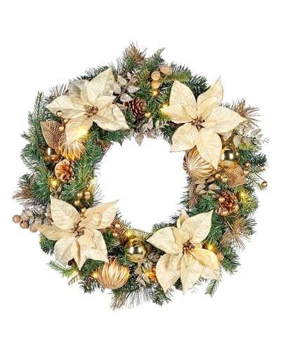 Pre-Lit Decorated Wreath, Cream/Gold, 60 cm