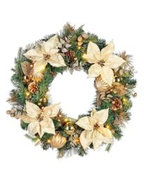 Pre-Lit Decorated Wreath, Cream/Gold, 60 cm