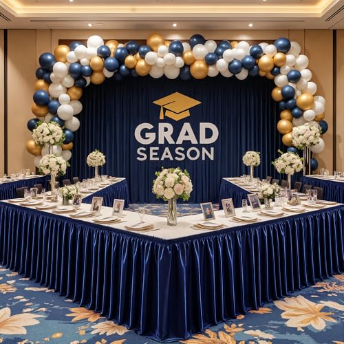 17ft Length Navy Blue Satin Table Skirt Rectangle Tables Wrinkle Resistant - Ruffle Table Skirting Glitter Teacher Desk Cover Skirt for Wedding Birthday Party Office School Dorm Desk Decor