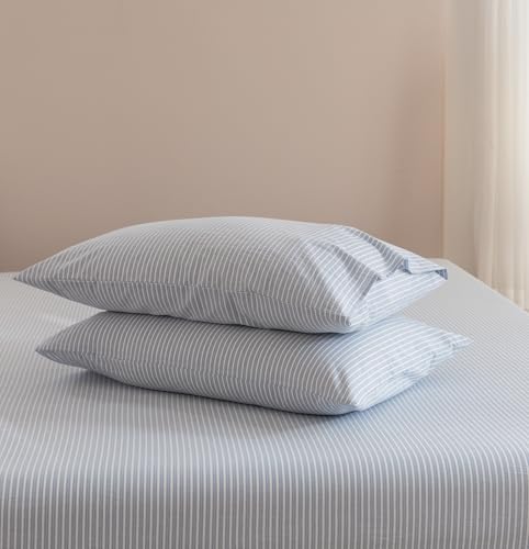 JIYUAN 100% Washed Cotton Striped Pillowcases Set Envelope Closure Pack of 2, Linen Like Comfy and Breathable Textured Durable Bedding for All Seasons, Queen Size,Pinstripes-Cornflower Blue White