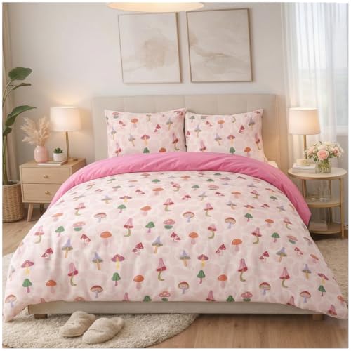 GC GAVENO CAVAILIA Funky Mushroom Duvet Cover Double With Pillow Cases,Pink - Super Soft Breathable, Washable Double Duvet Cover Set- 3 Piece Bedding Set Reversible Quilt Cover Button Closure, 200x200cm