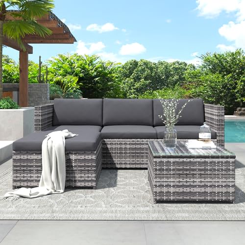 Ball & Cast Garden Corner Sofa Rattan Furniture Set 4 Seater Patio Outdoor Lounge Settee with Glass Coffee Table All-weather SFS066 (Mix Grey Rattan+Grey Cushion)