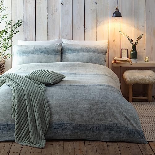 Appletree Green Gradient Duvet Cover Single Bed Soft Brushed Cotton Bedding (140x200cm) – 1 Pillowcase – Stripe Fade Dye Design – Luxury Natural Bedroom Set