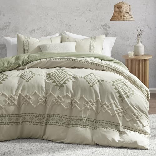"Oli Anderson Boho Duvet Cover Set Queen Size, Beige and Sage Green Color Clash 3 Pieces Microfiber Bedding Set, Durable and Super Soft Duvet Covers with Zipper and Ties, 90""*90"""