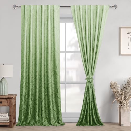 DWCN Room Darkening Curtains 96 inches Length - Back Tab Ombre Damask Patterned Window Drapes Thermal Insulted Light Blocking Curtains for Bedroom/Living Room, 2 Panels, W52 x L 96, Green