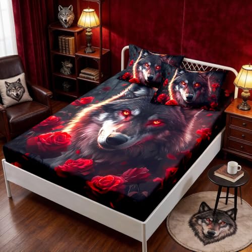 HOSIMA Floral Wolf Bedding Set Queen for Teen,1 Fitted Sheet+2 Pillowcases. - Wolf in Middle Surrounded by Red Roses Print Animal Bedding Set,Black Lightweight Fitted Sheet for Boys Room Decor