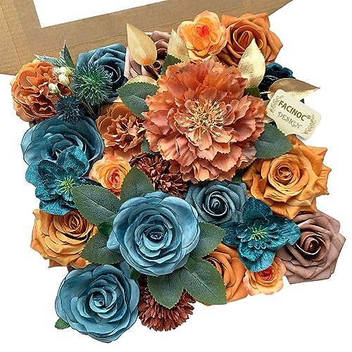 FACINOC Roses Artificial Flowers Bouquet Box Set Fake Flower with Stem for DIY Bridal Wedding Shower Centerpiece Table Decorations Faux Silk Floral Arrangement for Party Home Decor Indoor Teal Orange