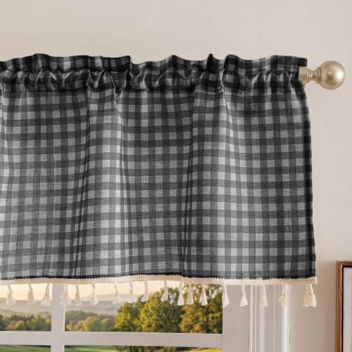 Jilron Single Panel Kitchen Window Curtains - Farmhouse Gingham Design Valances for Windows, Light Filtering Short Curtains, Easy to Install-Black(W 52*L 18in-1-Panel)
