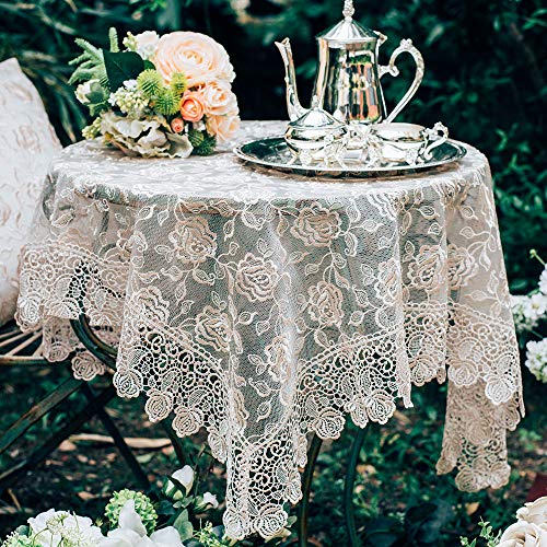 "ARTABLE Rectangle Small Table Cloth Lace Macrame Vintage Tablecloth Shabby Chic Embroidered Oblong Table Cover for Wedding Banquet Holiday Long Dinner Tables (Golden, 33"" x 33"")"