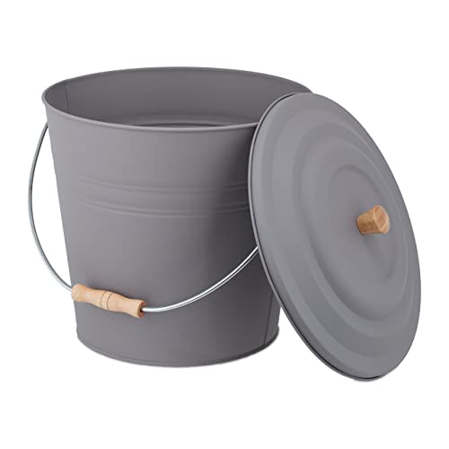 Relaxdays Ash Bucket with Lid, 12l, Charcoal Bin with Handle, Round, Fireplace/Stove/Barbecue, HWD: 32x35.5x33 cm, Grey