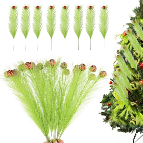 Christmas Tree Topper, 20 Pcs 21.7 Inch Faux Pampas Grass for Christmas Tree Decorations, Red Green Christmas Tree Picks Ornaments for Tree Decorations