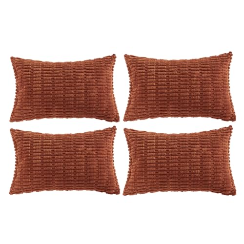 Fancy Homi 4 Packs Rust Decorative Throw Pillow Covers 12x24 Inch for Living Room Couch Bed Sofa, Terracotta Rustic Farmhouse Boho Home Decor, Soft Plush Striped Corduroy Square Cushion Case 30x60 cm
