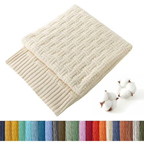 TREELY 100% Cotton Knitted Throw Blanket 31 x 40 Inches, Ivory White - Couch Cover Blanket, Decorative for Couch, Bed & Sofa