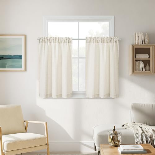 2 Panels 36 Inch Half Kitchen Curtains Sets for Bathroom RV Campers, Farmhouse Natural Linen Drapes Non-See-Through Privacy Short Windows Curtains 36 Inch Length Rod Pocket W30xL36