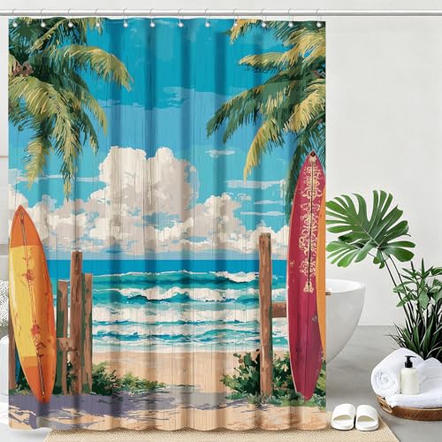 mutakin Coastal Surfboard Shower Curtain Tropical Palm Tree Shower Curtains for Bathroom Waterproof Fabric Bath Curtain Decor with Hooks