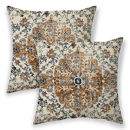 BETGINY Boho Pillow Covers 18x18, Burnt Orange and Blue Ethnic Design Outdoor Decorative Throw Pillows for Couch, Carpet Pattern Decor Cushion Cover 2 Pcs Farmhouse Linen Pillowcase for Bed Car Safa