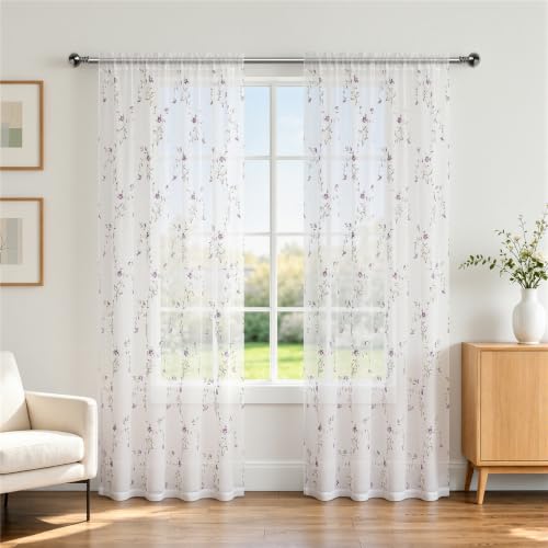 "Taisier Home Floral Sheer Curtains Embroidered for Girls Room White Buds Retro Voile Curtain Panels for Living Room Rod Pocket 2 Panels 52"" W x 84"" L, White Flower Pattern Sheer Curtains"
