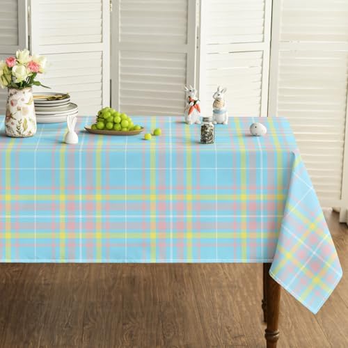 Horaldaily Easter Tablecloth 60 x 140 Inch Rectangular Blue Buffalo Plaid - Seasonal Washable Table Cover for Party Picnic Dinner Decor