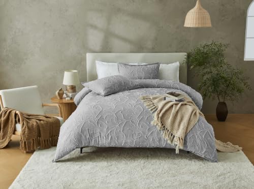 GC GAVENO CAVAILIA Leaf Grey Duvet Cover Double With Pillow Cases - Comfortable, Breathable Hypoallergenic Double Duvet Cover Set - 3Piece Reversible Bedding Quilt Cover Bed Set, 200x200cm