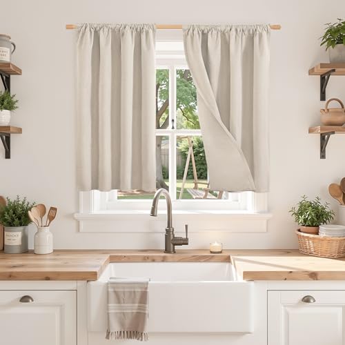 BGment Linen Blackout Curtains 36 Inch Length for Small Window - Short Thermal Insulated Drapes with Rod Pocket Textured for Kitchen Bathroom Bedroom Window Room Darkening, 30 X 36 Inch