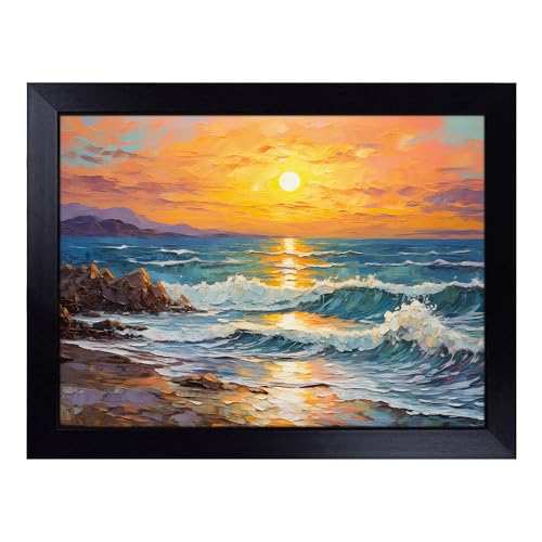 Lap Tray with Bean Bag Cushion, Seascape Palette Knife - Handmade in the UK, Raised Wooden Edge, Padded Cushion, Heat-Resistant Wipe-Clean Surface, for Meals, Laptops and Crafts