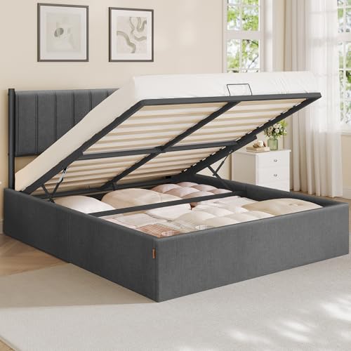 VASAGLE King Bed Frame, 150 x 200 cm, Ottoman Bed with Lift-Up Storage, Hydraulic Lift, Modern Minimalist, Easy Assembly, Slate Grey RMB617GN01