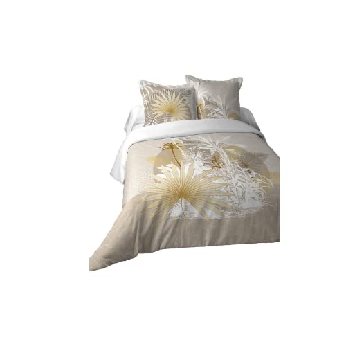 Lovely Casa - Maldives duvet cover 240 x 220 cm and 2 pillowcases 63 x 63 cm – 100% cotton 57 thread count, Oekotex certified, natural, palm, travel, yellow, gold
