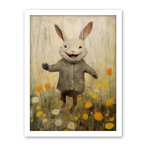 Artery8 Raincoat Rabbit Happy Bunny Flower Meadow Kids Girls Bedroom Nursery Artwork Framed Wall Art Print 18X24 Inch
