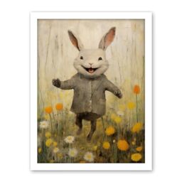 Artery8 Raincoat Rabbit Happy Bunny Flower Meadow Kids Girls Bedroom Nursery Artwork Framed Wall Art Print 18X24 Inch