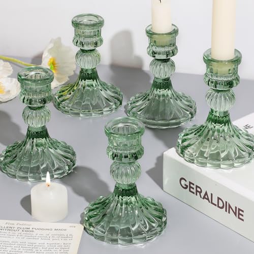 "12PCS Green Candlestick Holders Set- 4"" H Taper Candle Holders, Glass Candle Holders Bulk for Wedding, Party, Home Table Centerpieces, Festival Gifts & Windowsill Decor"