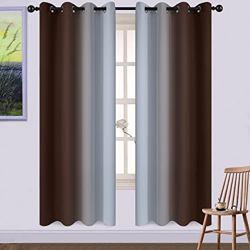 Yakamok Room Darkening Blackout Thickening Polyester Gradient Color Ombre Curtains with Grommet, Thermal Insulated Window Drapes for Living Room/Bedroom (Brown and Greyish White, 2 Panels, 52x72 Inch)