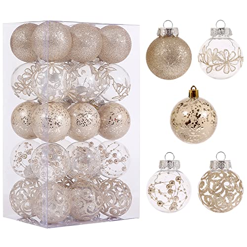 60mm/2.36inch Clear Christmas Ornaments Set, 30ct Champagne Christmas Ornaments Balls for Christmas Tree Decorations Shatterproof Transparent Baubles with Stuffed Decoration for Xmas Wedding Party
