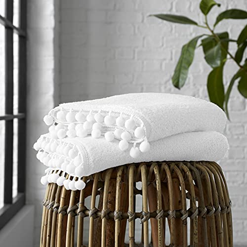 GC GAVENO CAVAILIA Premium 2PK Pom 550 GSM Egyptian Cotton Bath Towels, Soft & Cosy Super Absorbent Bathroom Accessories, White, 70X120 Cm