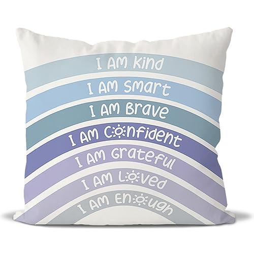 QIYUHOY Blue Rainbow Classroom Throw Pillow Covers, 18x18 Inch - Book Center Calming Corner Playroom Decor Pillow Case, Blue Pillow Cover, I Am Kind Smart Brave Confidence Pillowcase