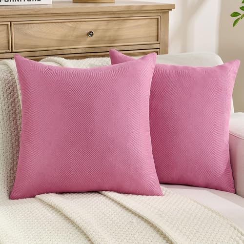 FUTEI Hot Pink Chenille Throw Pillow Covers 18x18 Inch Set of 2,Soft Wide Chevron Textured Cushion Case,Farmhouse Home Decor for Couch Living Room